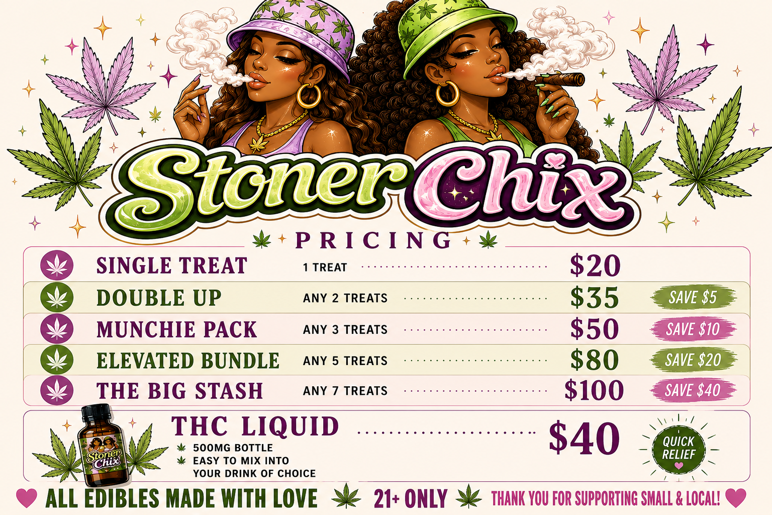 Stoner Chix Bakery pricing chart — edible bundles and THC Liquid